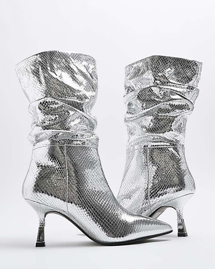Silver metallic slouch heeled boots