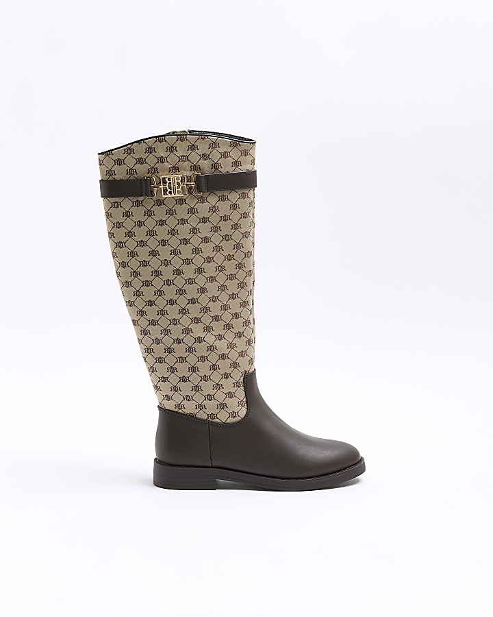 Brown RI monogram knee high boots | River Island