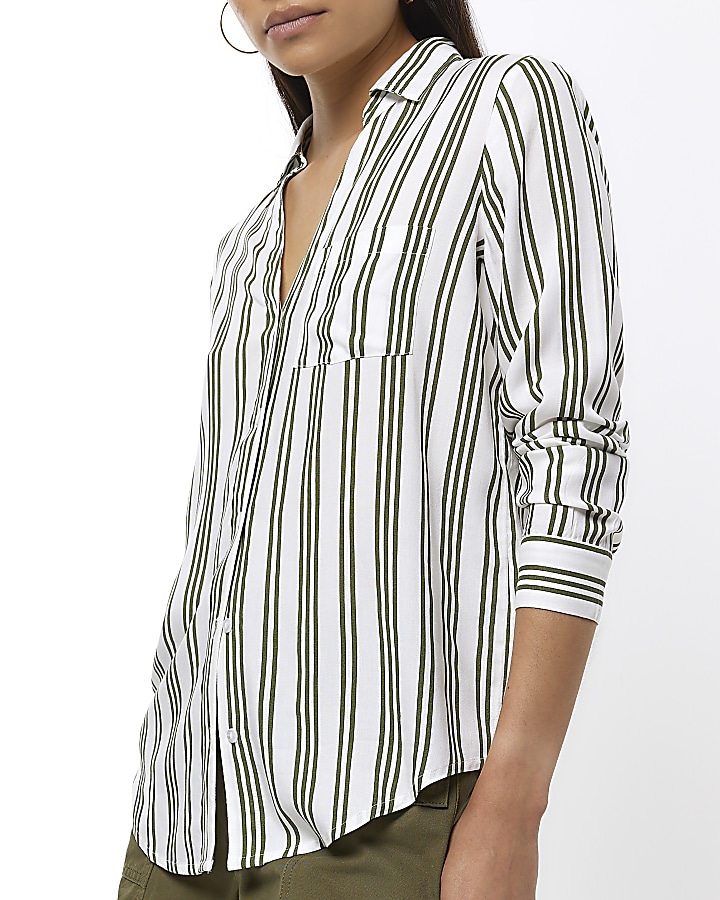 Green stripe open neck shirt