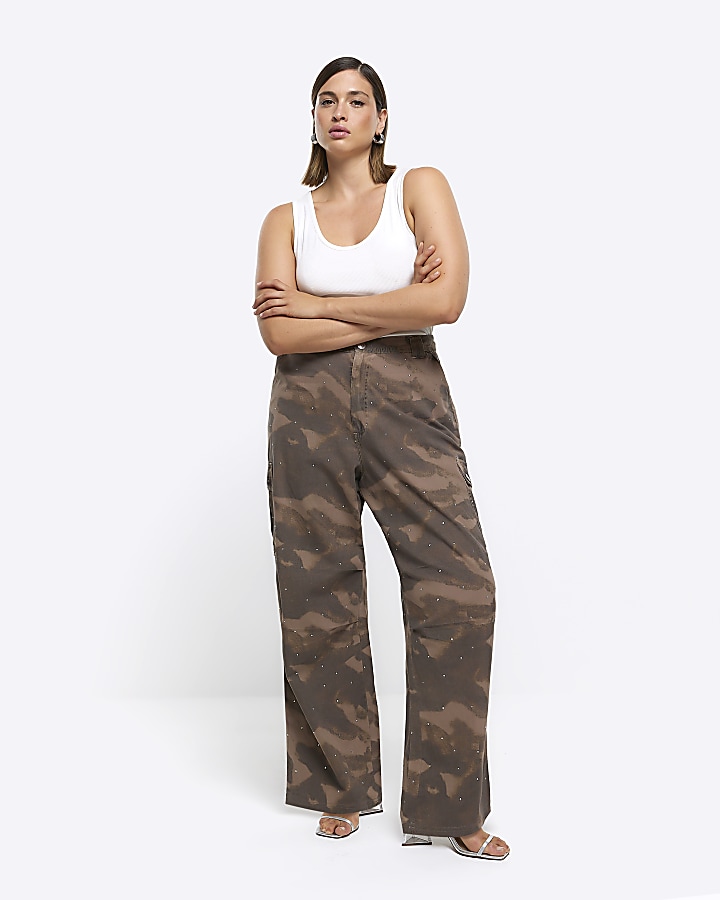 Plus Khaki Camo Cargo Pants, Plus Size