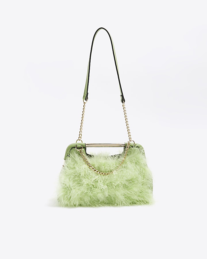 Green feather chain clutch bag