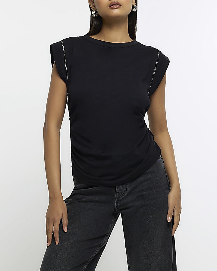 Black diamante trim t-shirt