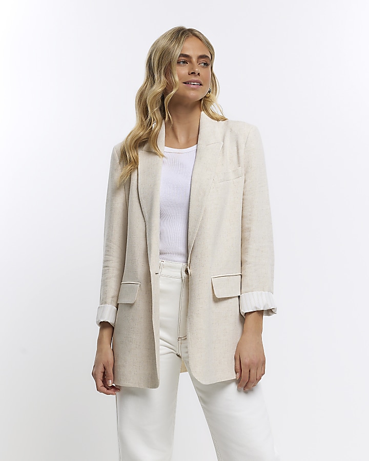 Beige rolled sleeve blazer with linen | River Island