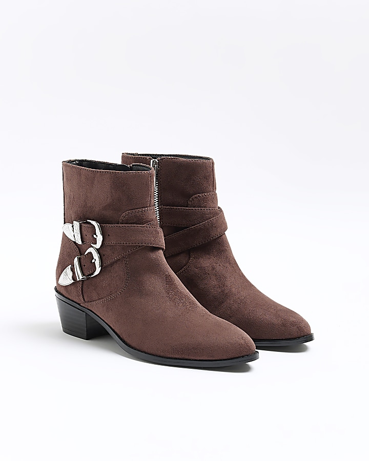 Brown suedette western ankle boots