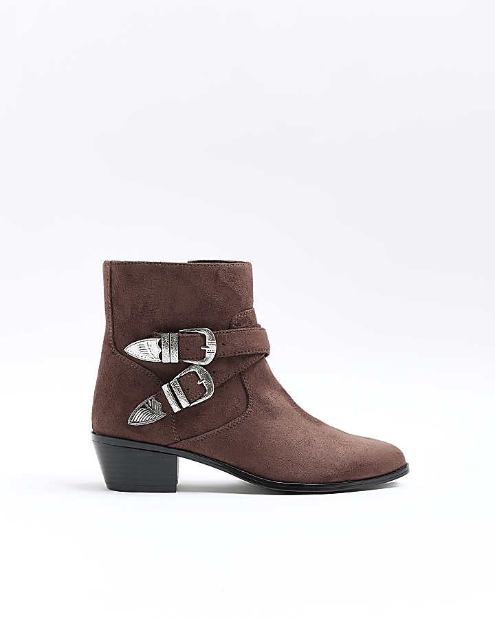 Brown suedette western ankle boots