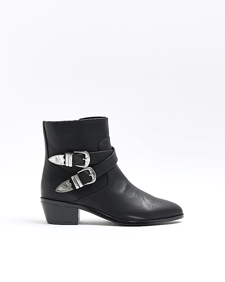 Black faux leather western ankle boots | River Island