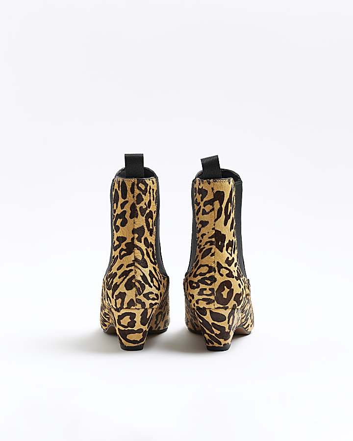 Brown leopard print leather kitten heel boots