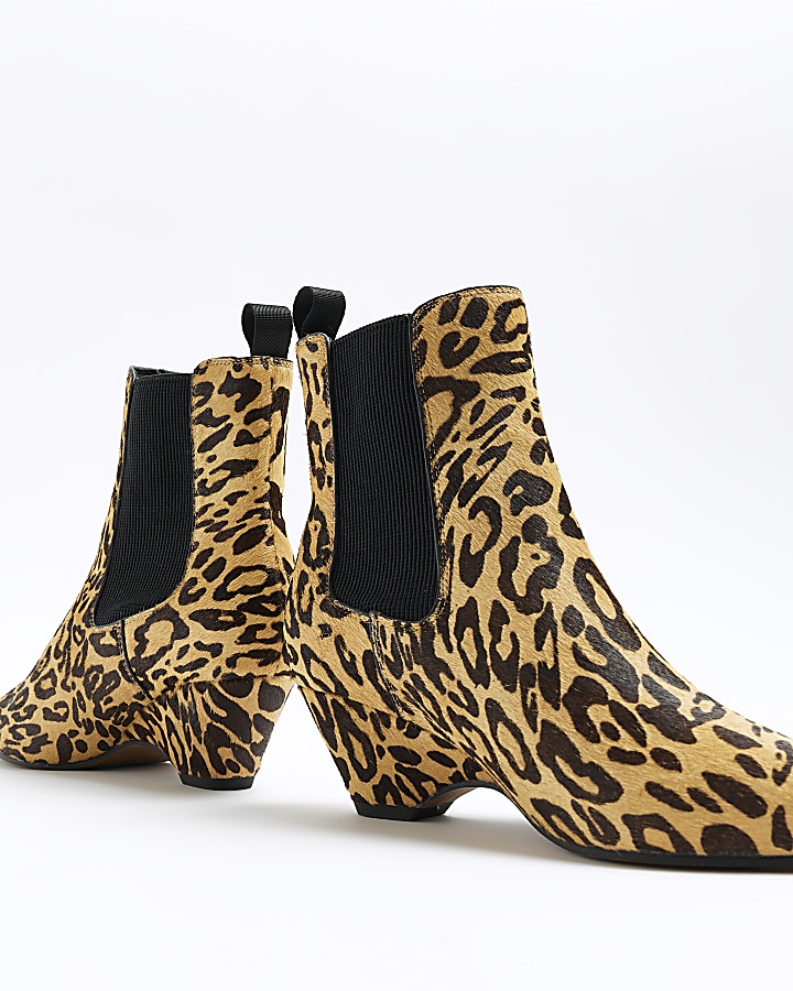 Brown leopard print leather kitten heel boots