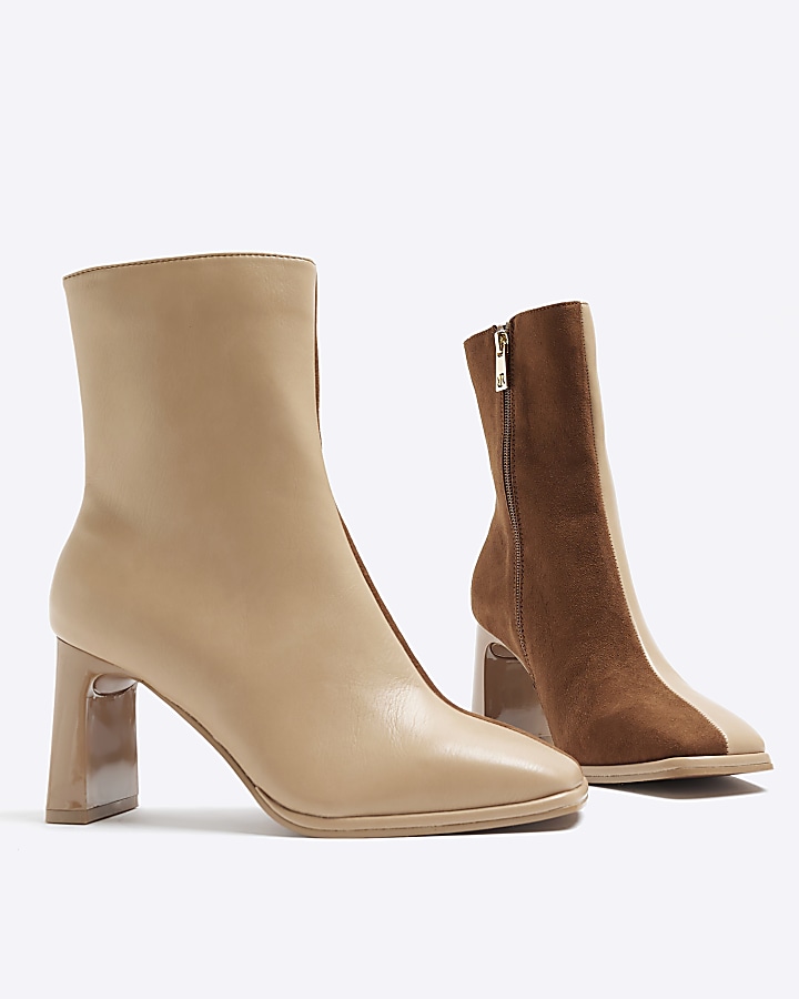 Beige two tone square toe heeled ankle boots