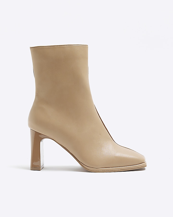 Beige two tone square toe heeled ankle boots