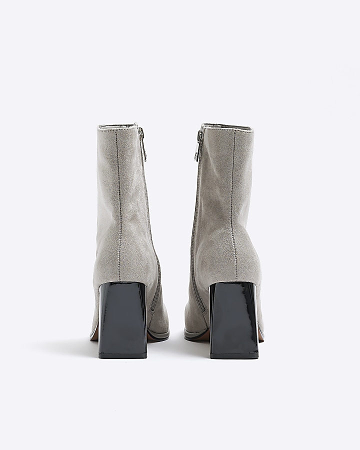 Grey faux leather heeled ankle boots
