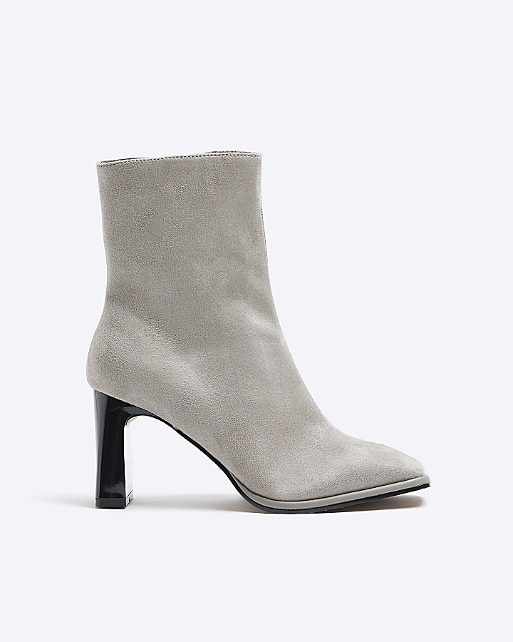 Grey faux leather heeled ankle boots