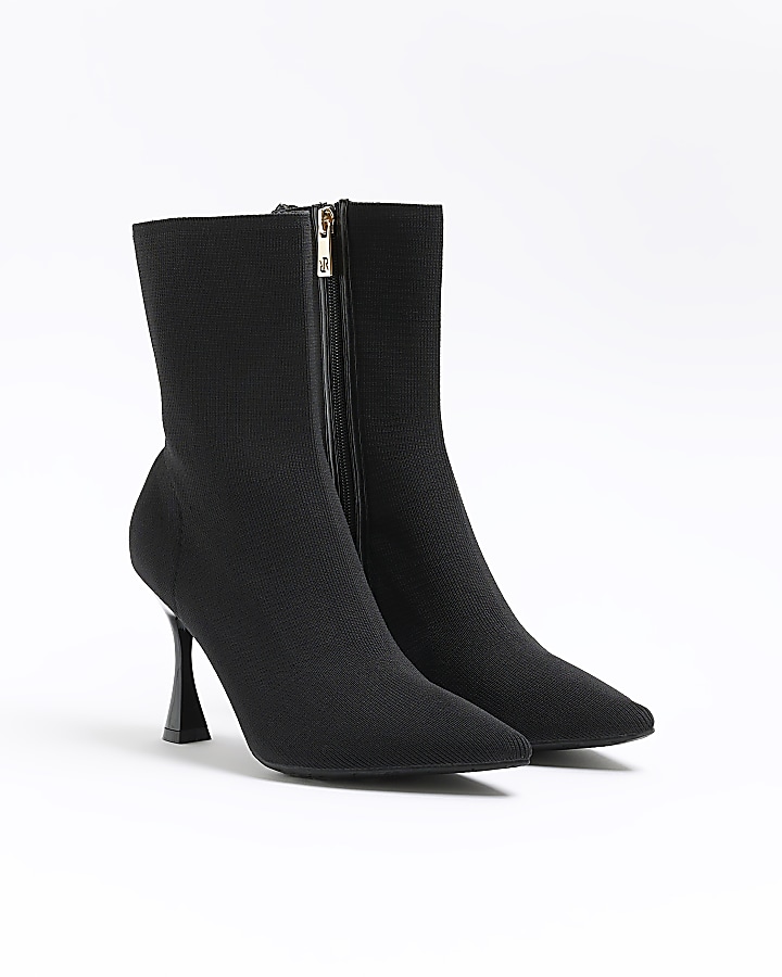 Black knit heeled ankle boots