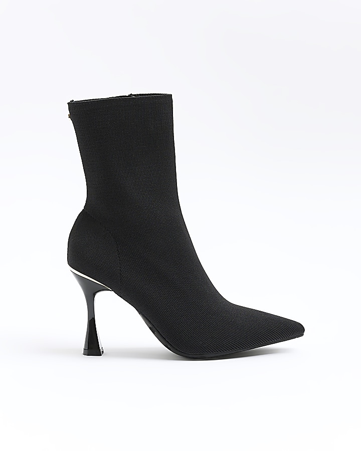 Black knit heeled ankle boots | River Island