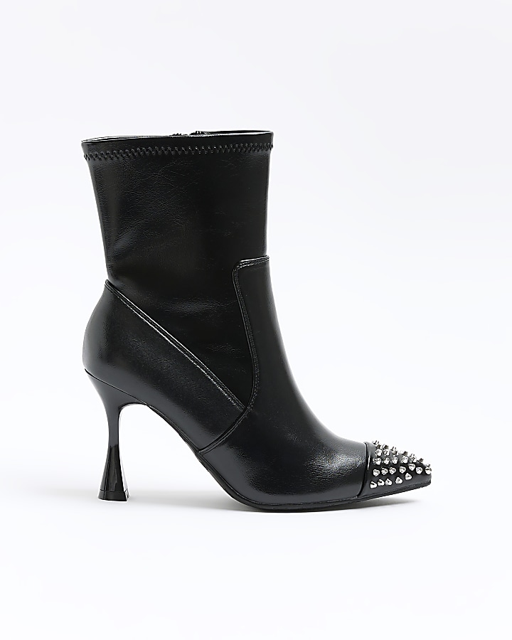 Black studded heeled ankle boots | River Island