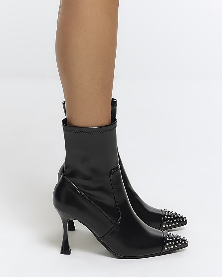 Black studded heeled ankle boots | River Island