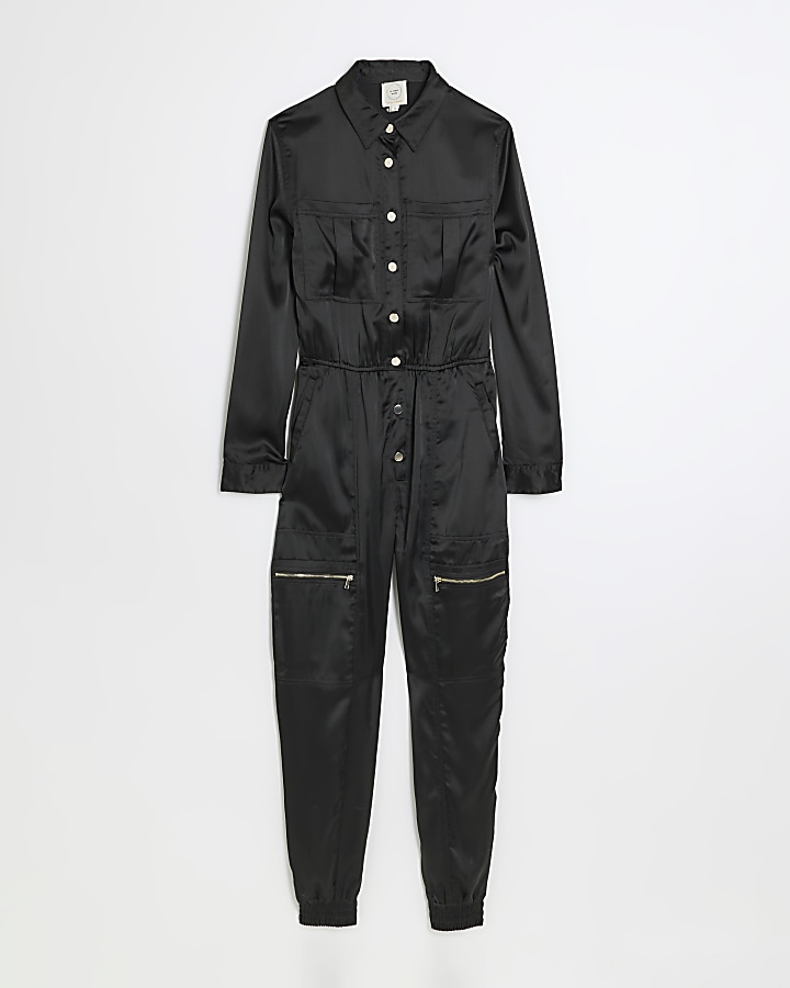 Black satin utility jumpsuit River Island