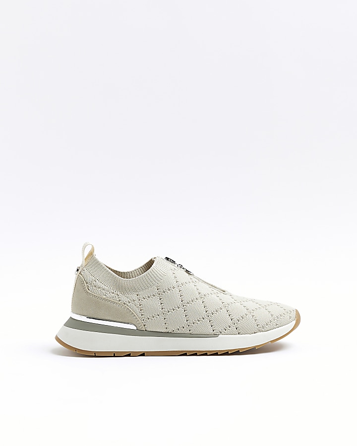 Beige knit zip trainers