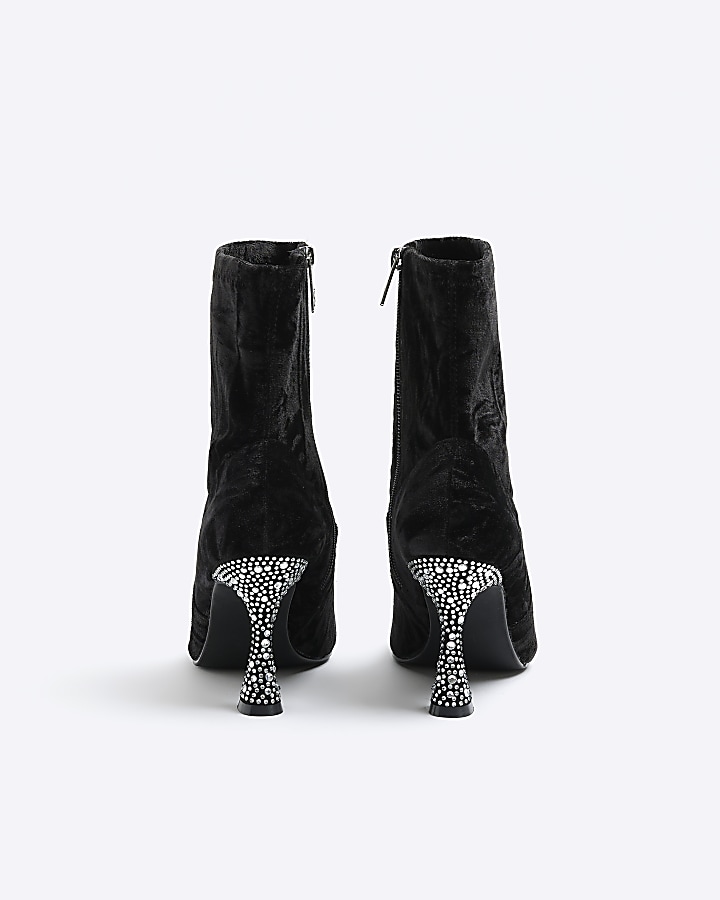 Black velvet embellished heeled boots