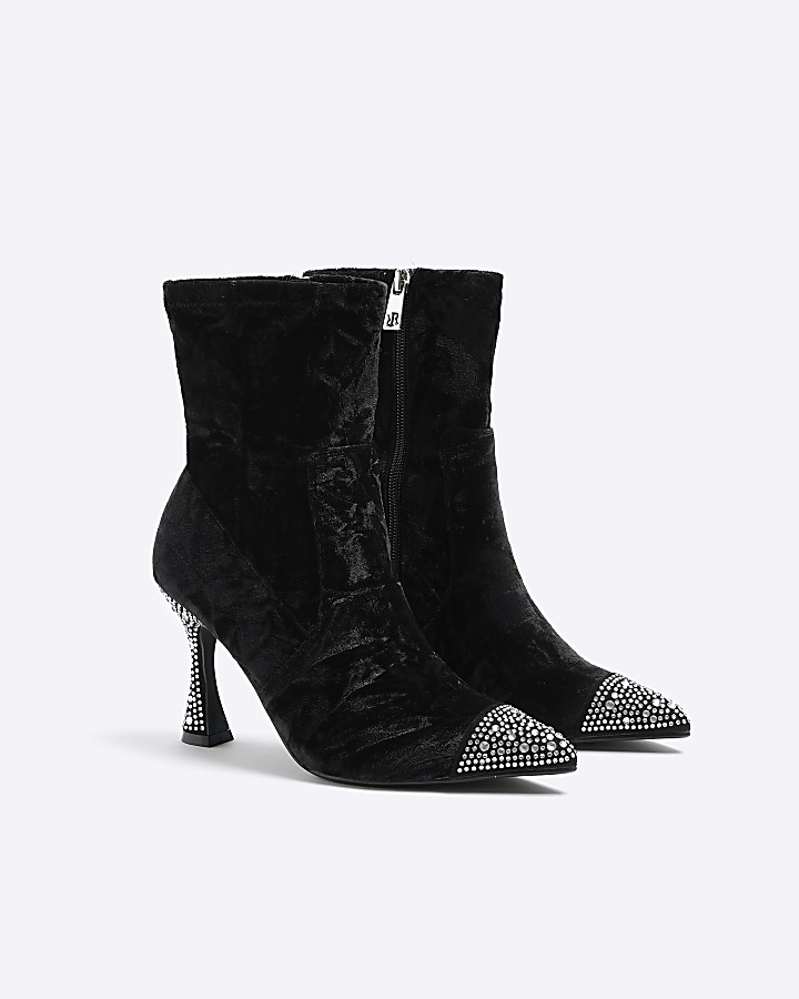 Black velvet embellished heeled boots
