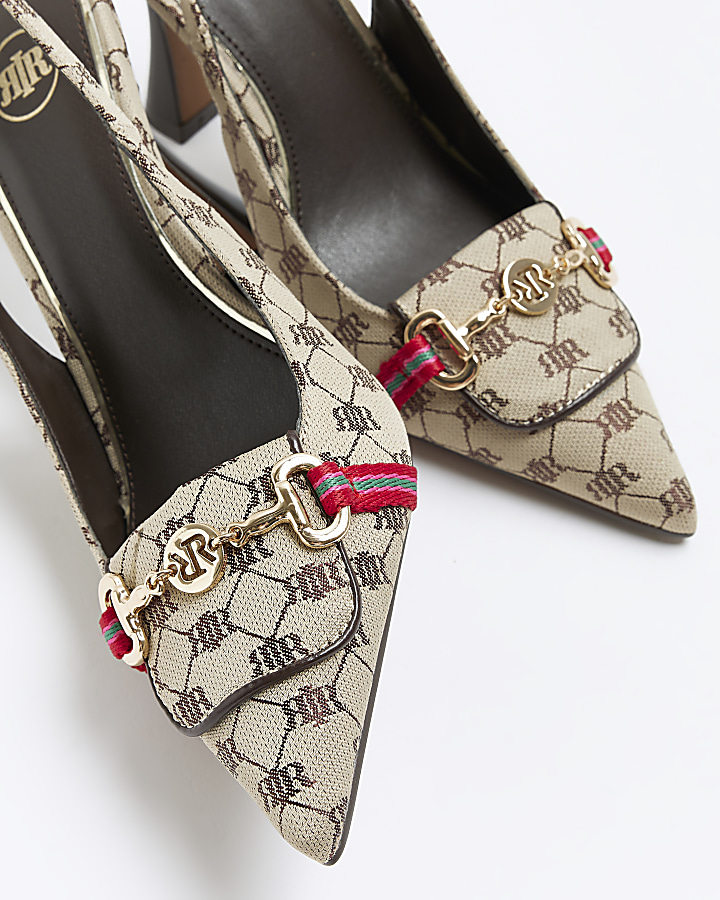 Beige RI monogram heeled sling back shoes