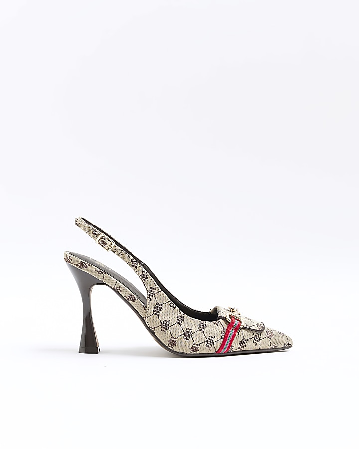 Beige RI monogram heeled sling back shoes | River Island