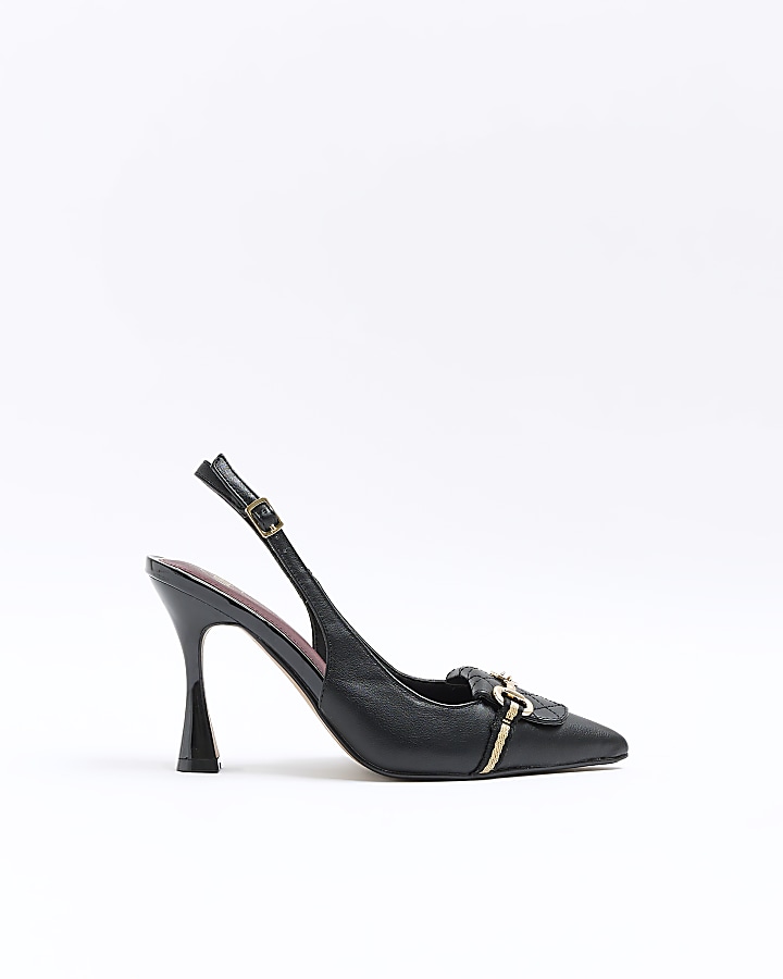 Black chain sling back heeled court shoes | River Island