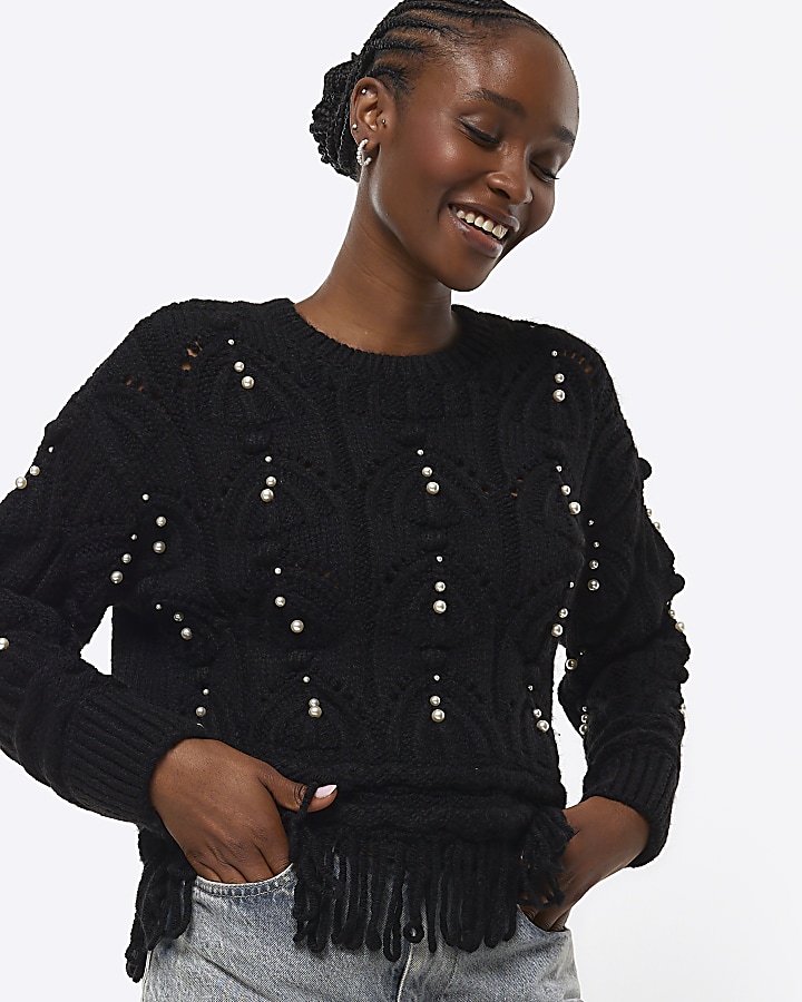 Black pearl fringed cable knit jumper