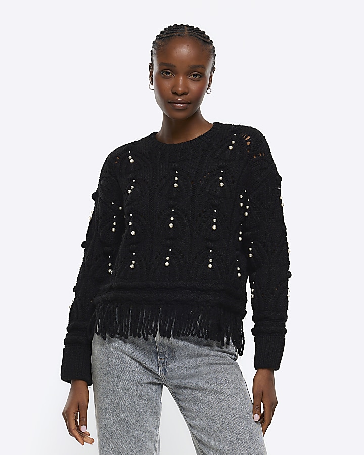 Black pearl fringed cable knit jumper | River Island