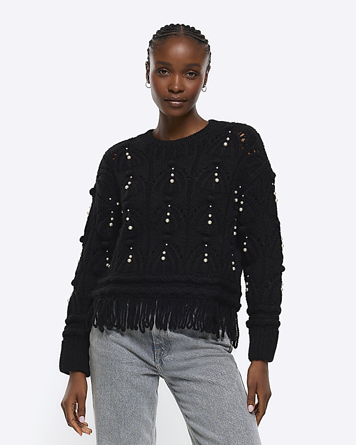 Black jumper with pearls on clearance sleeve