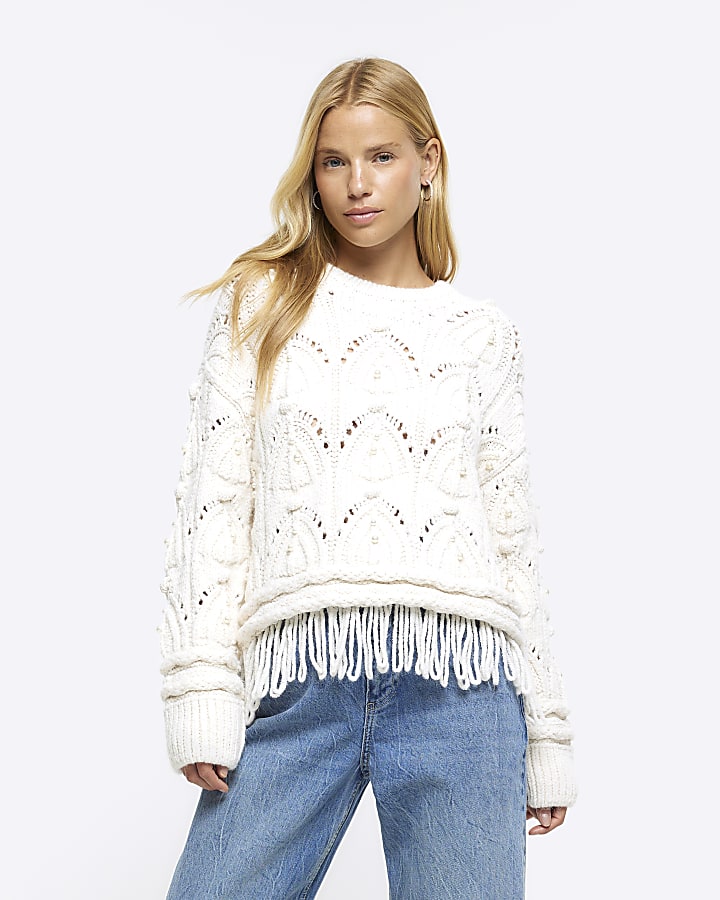 Cream cable knit fringe jumper