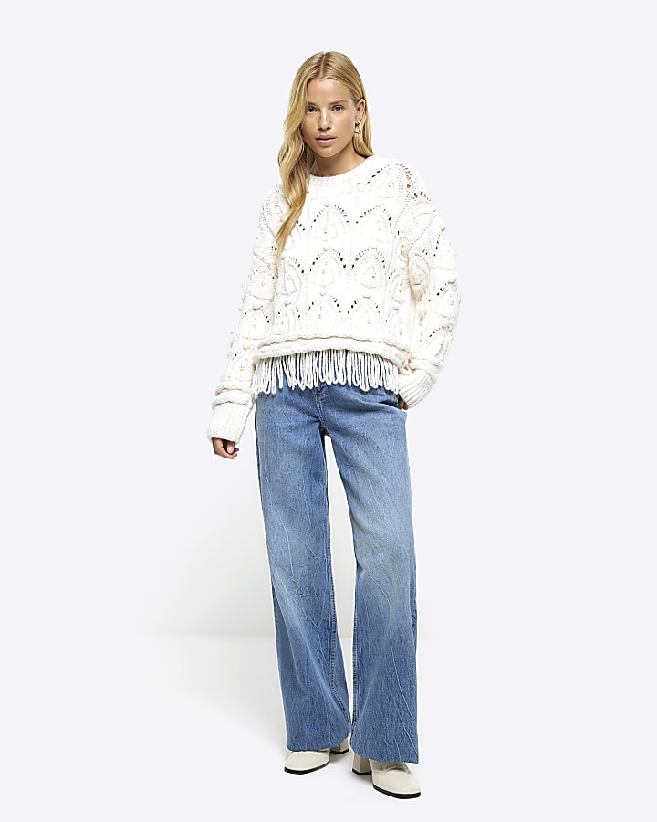 Cream cable knit fringe jumper River Island