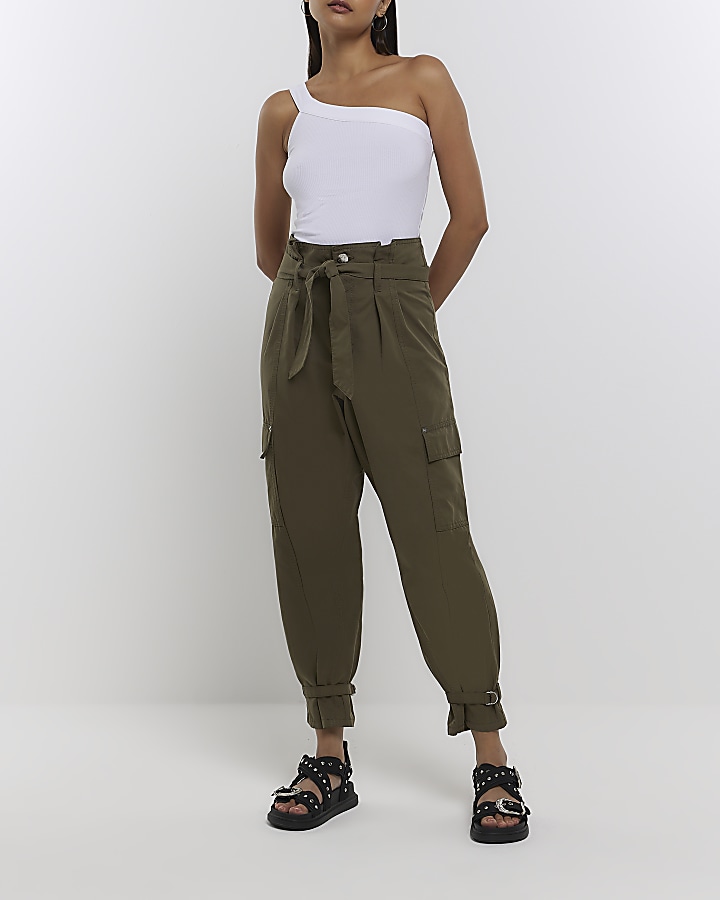 Khaki paperbag high waisted trousers