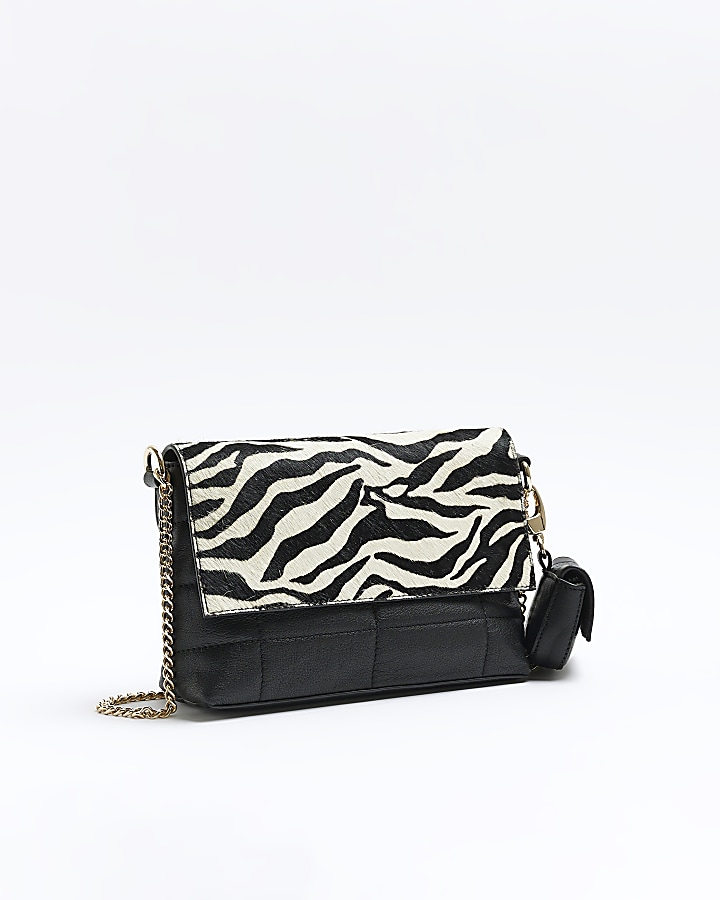 Black leather zebra print cross body bag River Island