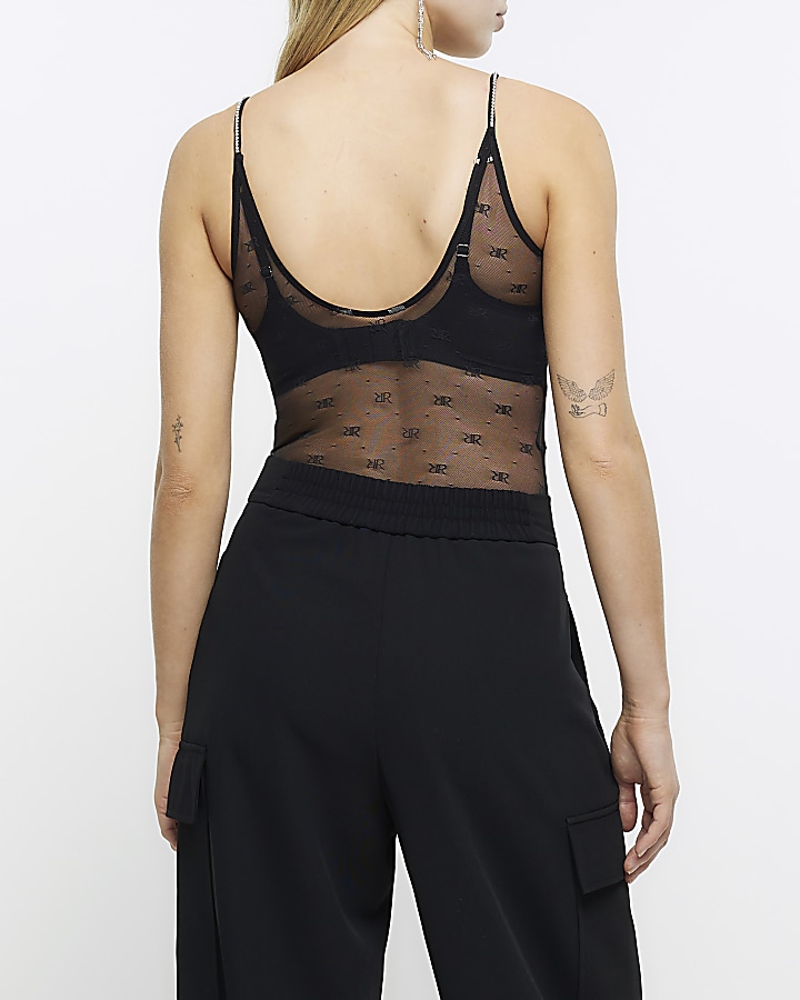 Black mesh RI monogram print bodysuit