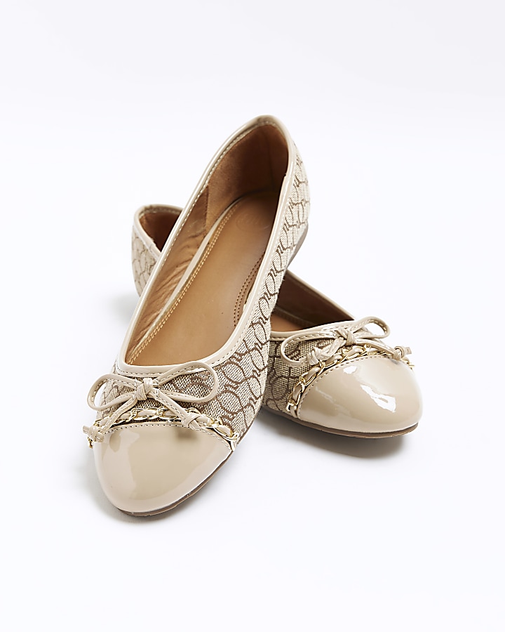 Brown print bow ballet shoes