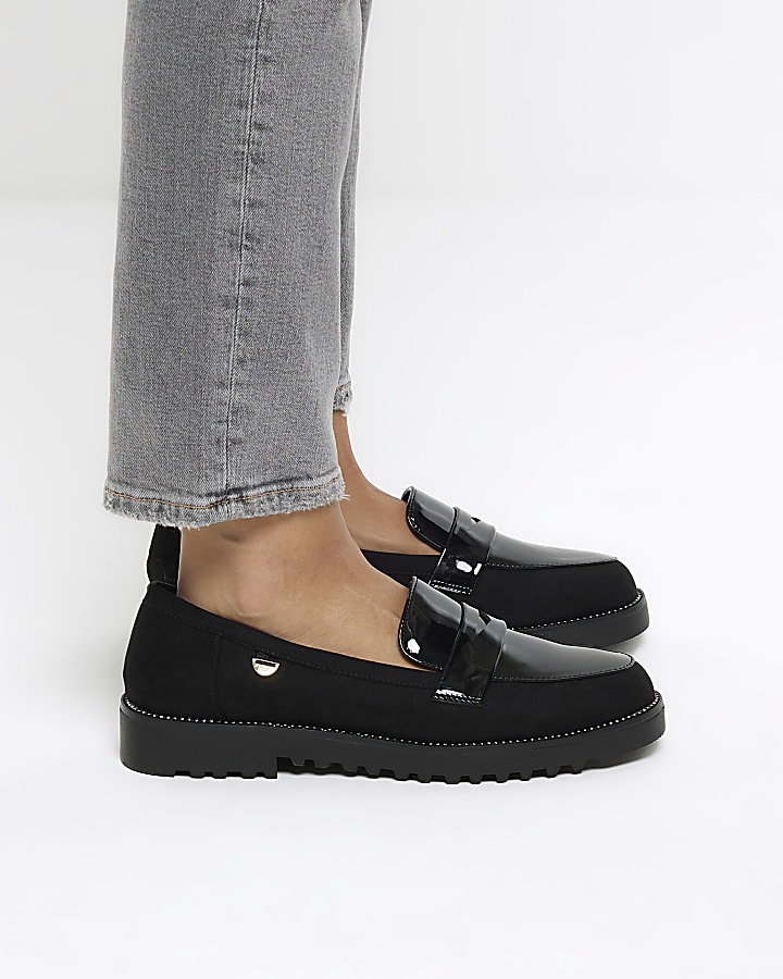 Black diamante detail loafers River Island