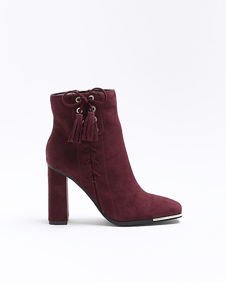 Red suedette lace up detail heeled boots