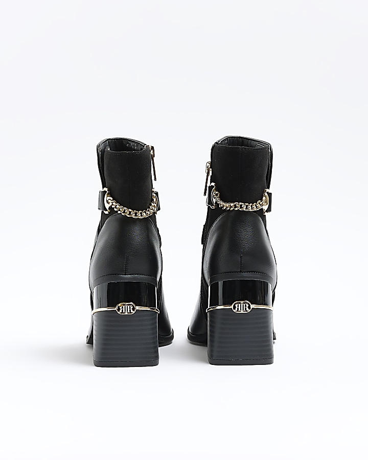 Black chain block heel ankle boots