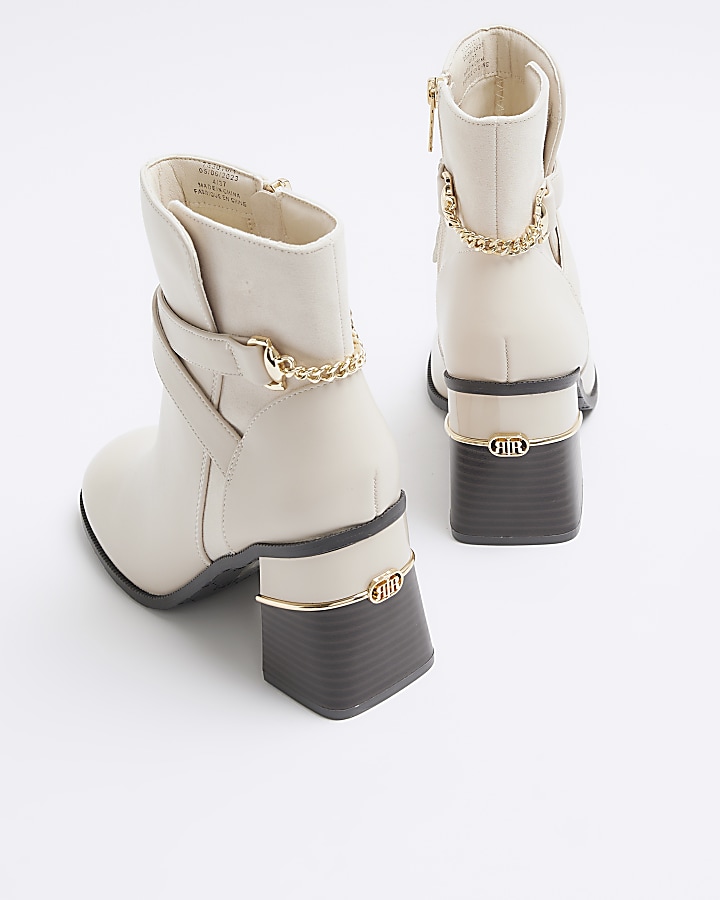 Cream chain block heel ankle boots