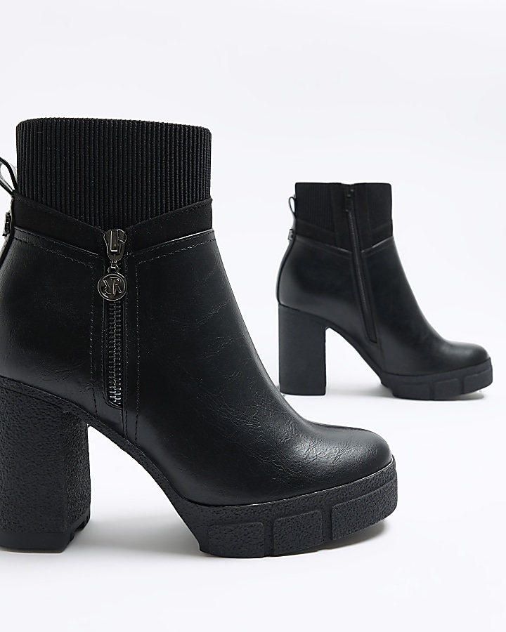 Black side zip heeled ankle boots | River Island