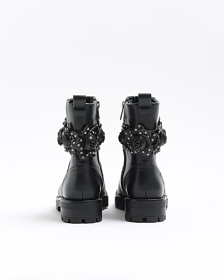 Black flower detail biker boots
