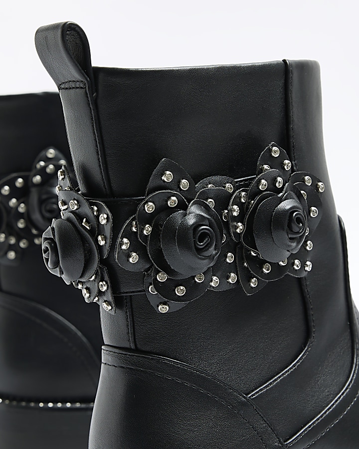 Black flower detail biker boots