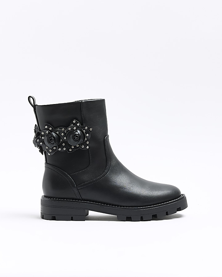 Black flower detail biker boots