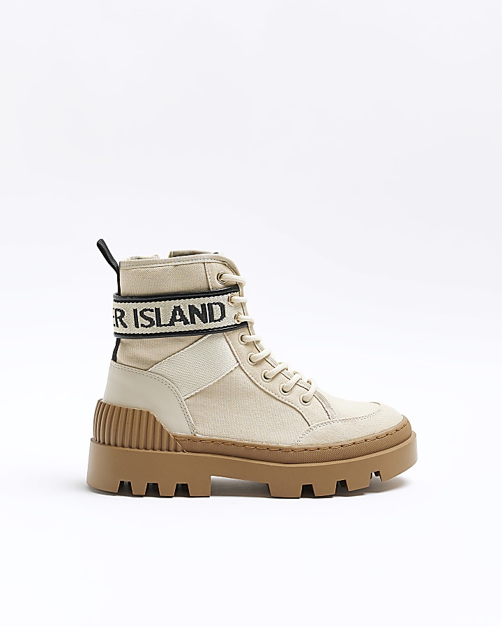 Beige canvas lace up boots | River Island