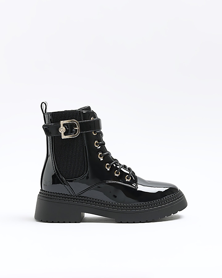 Black patent buckle lace up boots
