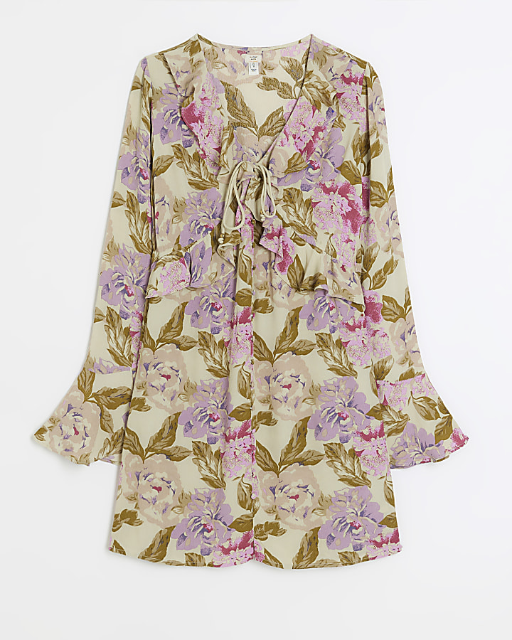 Cream floral frill swing mini dress