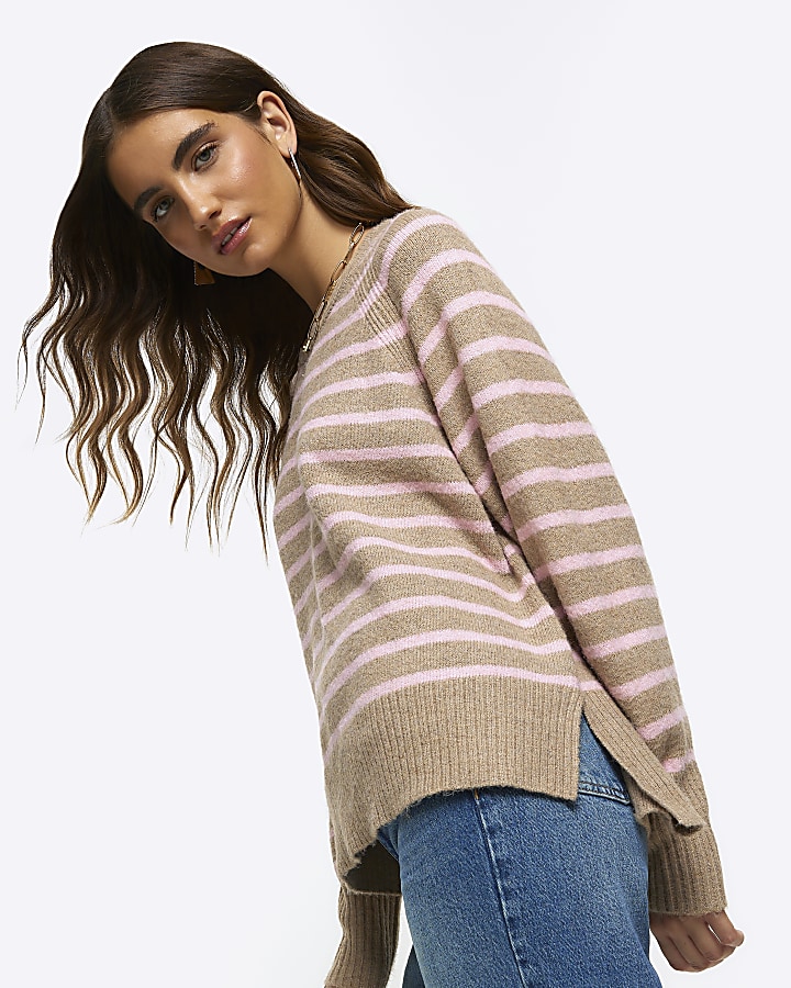 Beige knitted stripe jumper