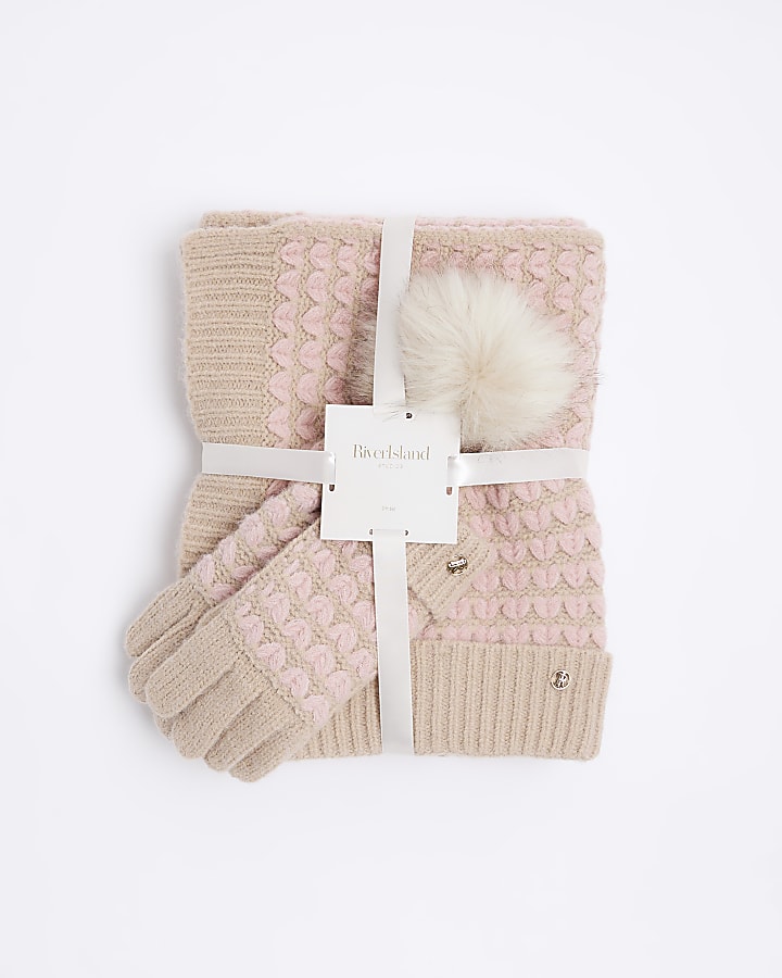 Pink heart stitch hat gift set