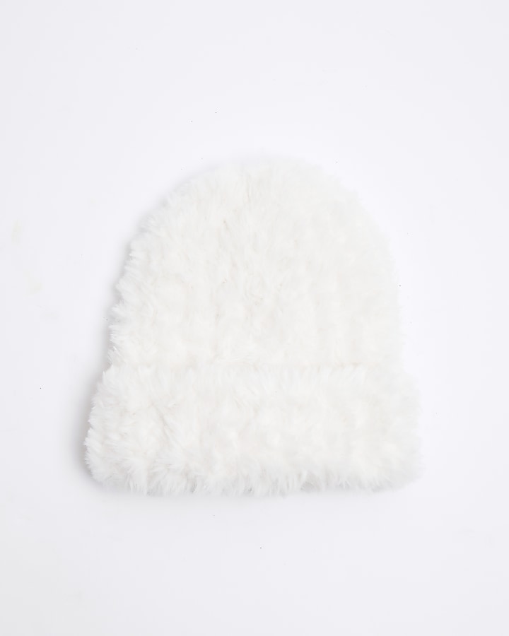 White faux fur beanie hat